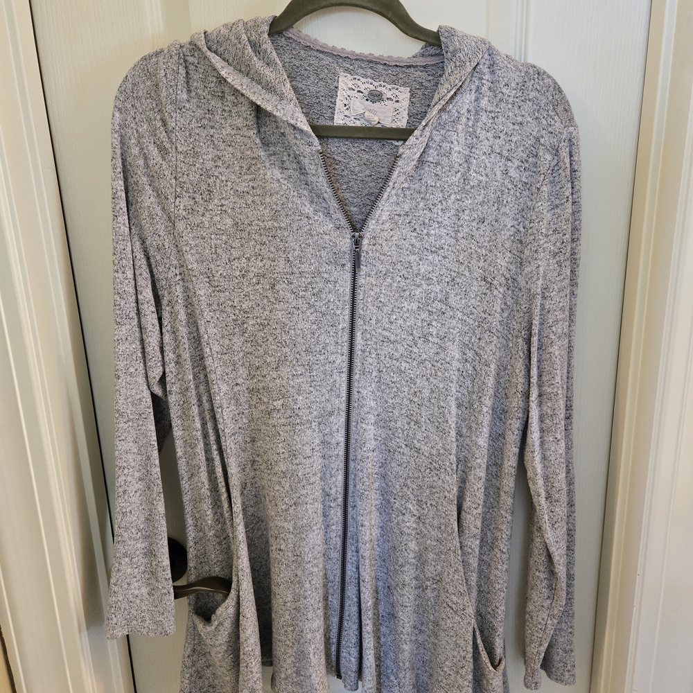 Gray Hooded Zip-Up Cardigan